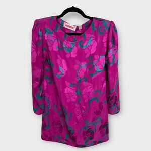 Vintage 80s John Yang Pink Silk Satin Floral Long Sleeve Shift Mini Dress Size 4